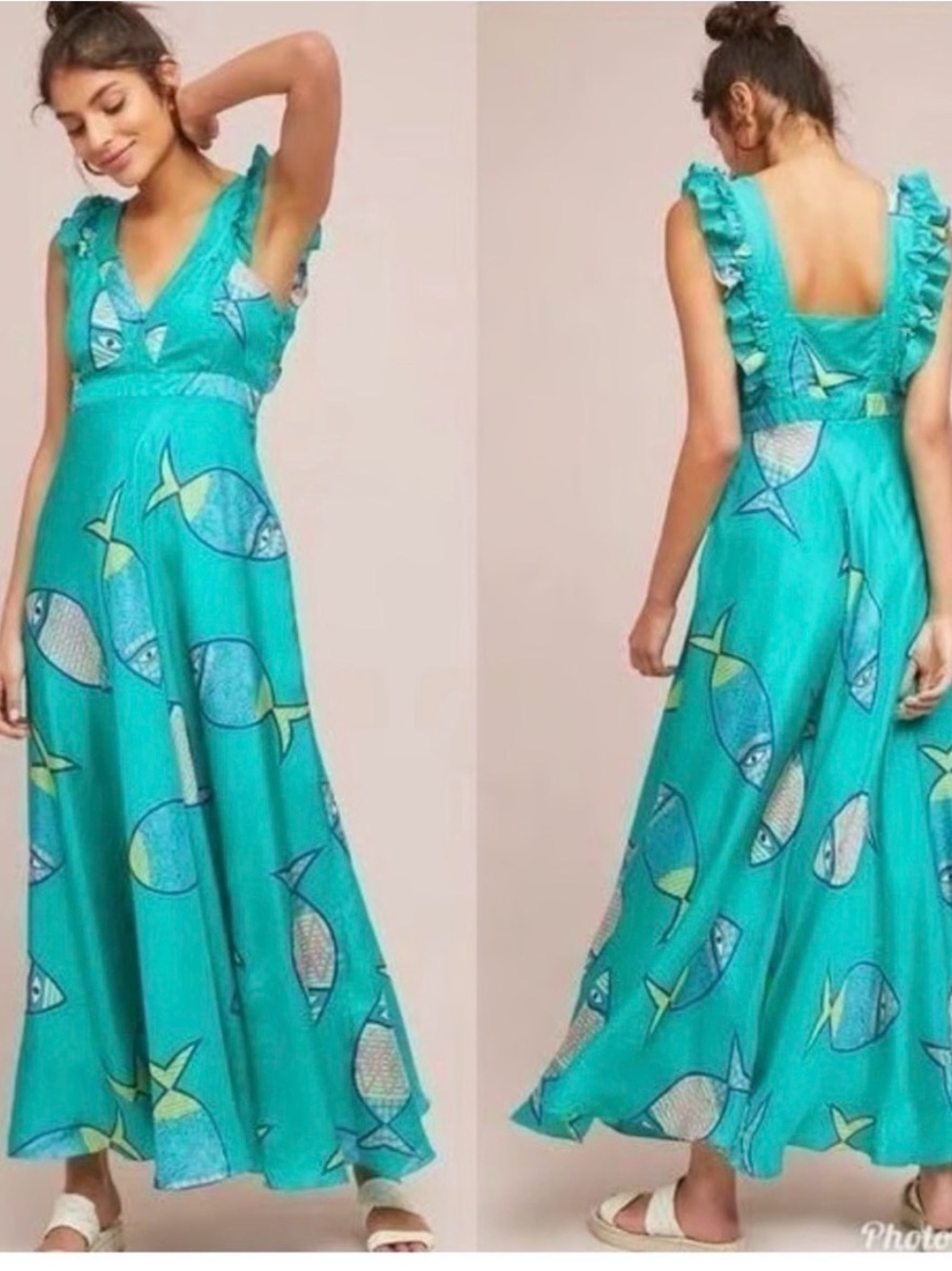Anthropologie Silk Ampampa Turquoise Fish V-Neck Dress